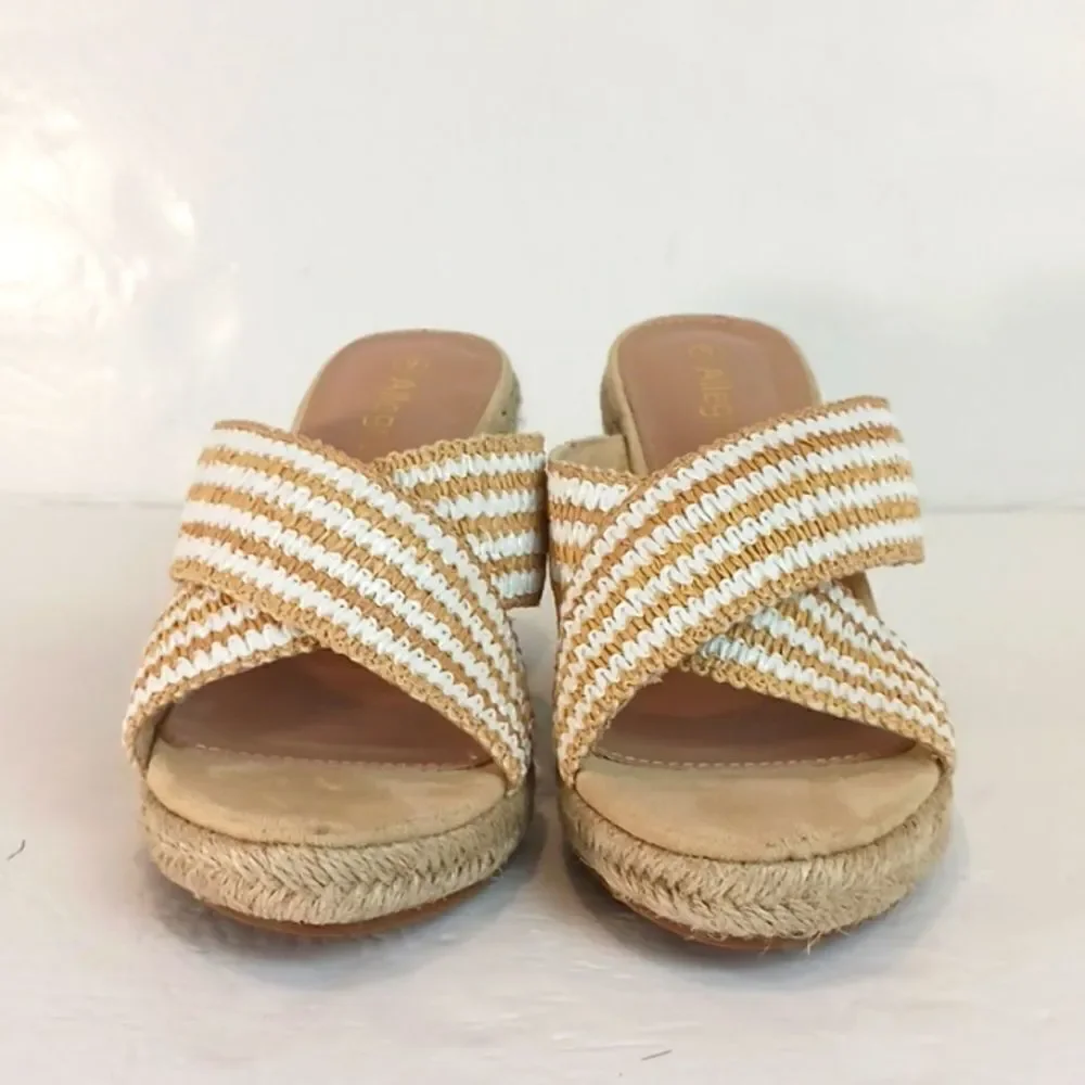 Allegra K Women's white/tan crisscross strap platform slide wedges sandals S/ 9